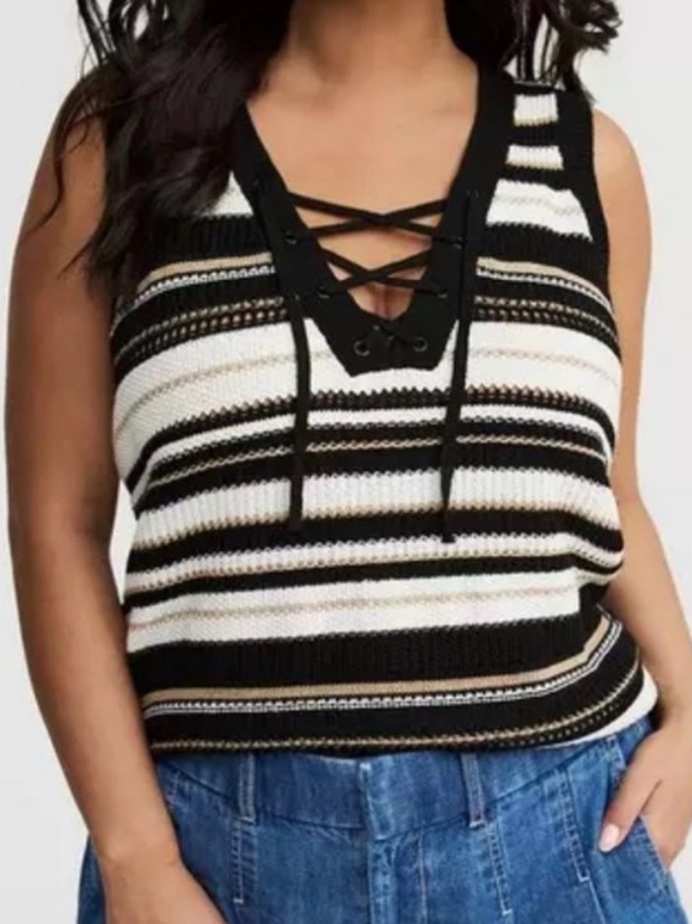 NWT Torrid Black White Tan Knit Stripe Lace Up Tank Top Plus Size 4 24/26 4X